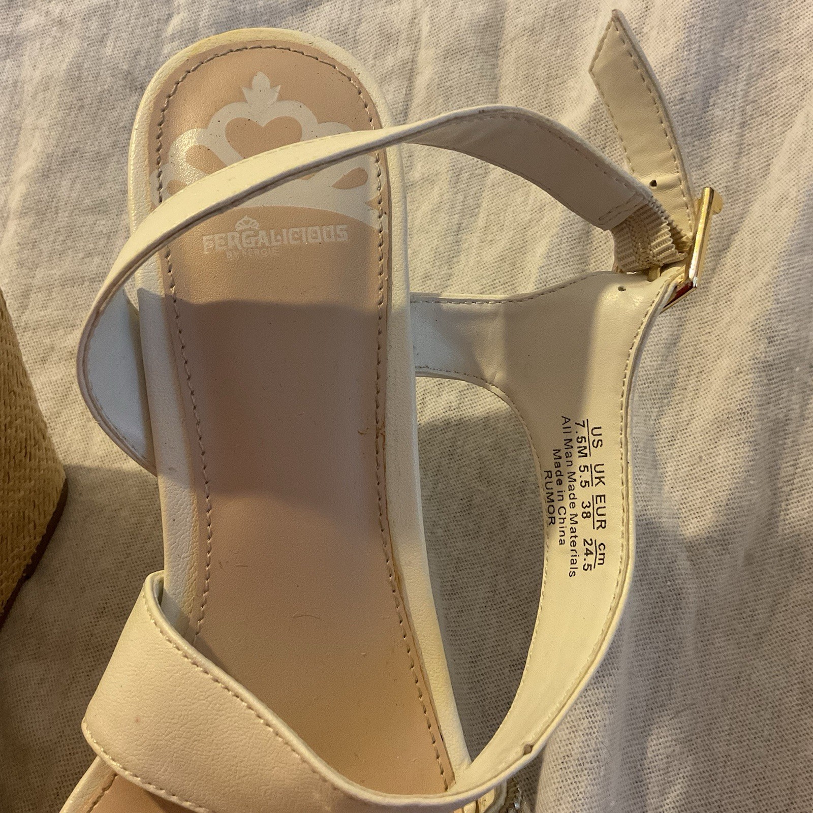 Fergalicious Womens White Wedge Sandals Rhinestone Strappy Buckle US 7.5