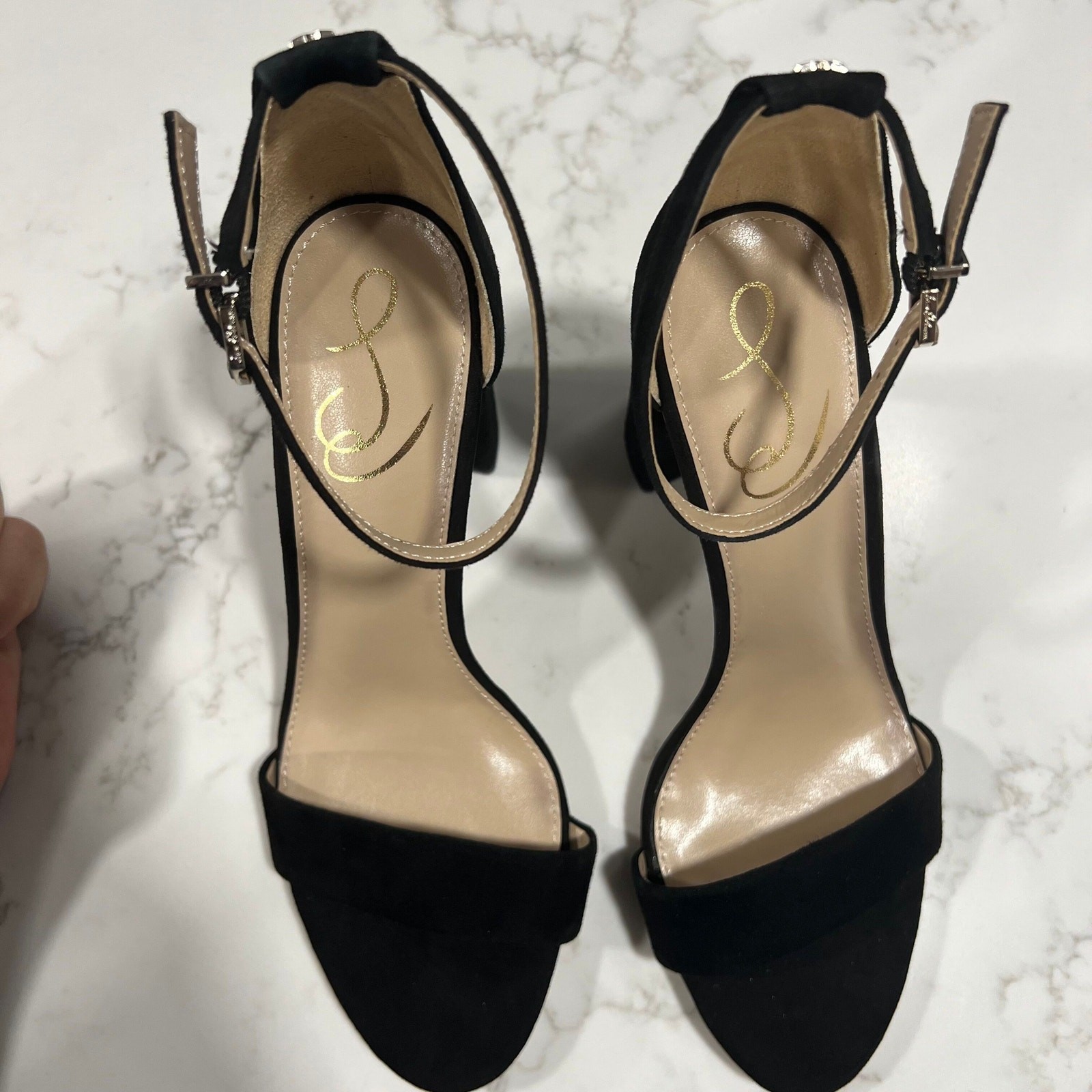 New Sam Edelman Yaro Sandals Black Suede Ankle-Strap Block Heel Sz 9