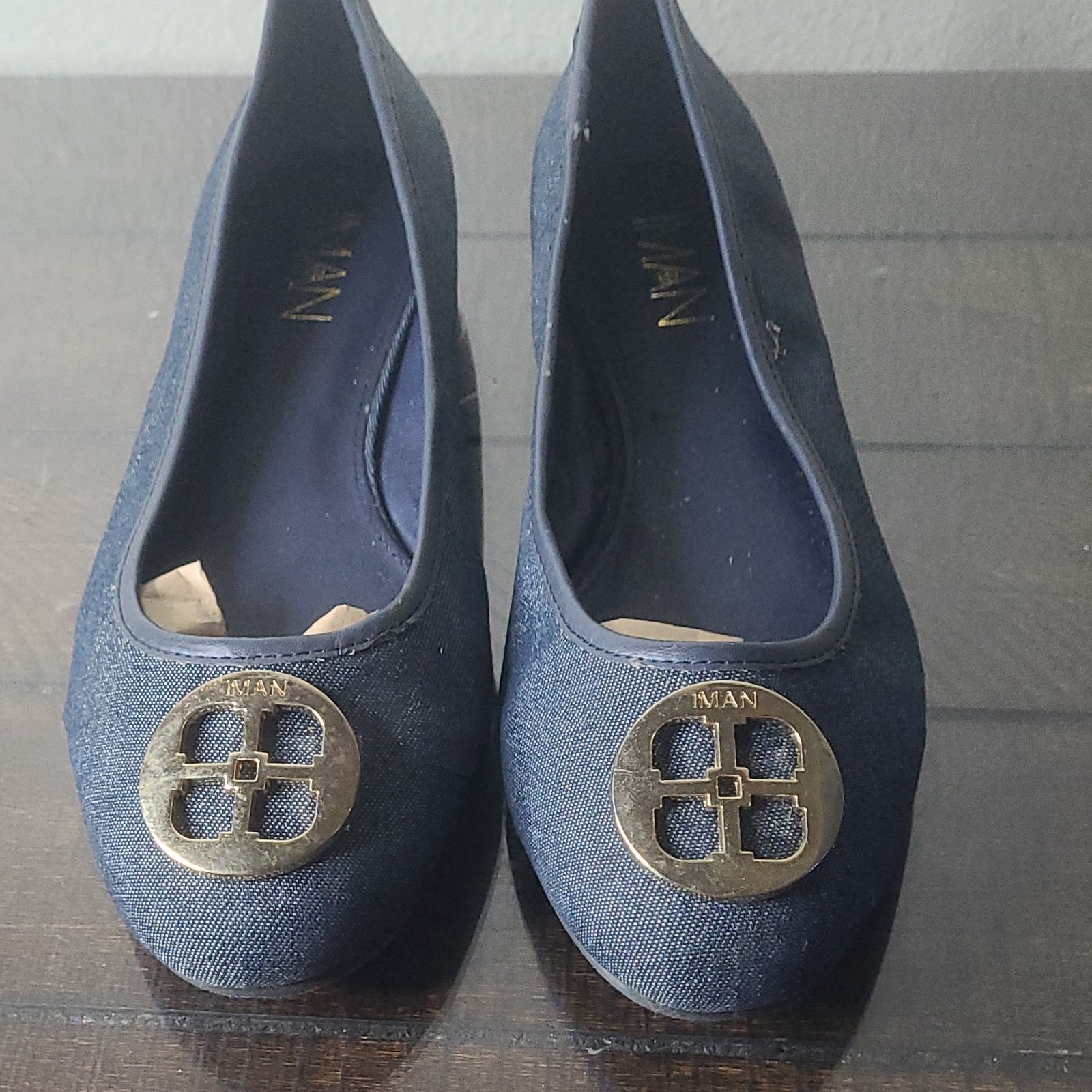 IMAN Navy Blue Blended Fabric Logo Slip On Round Toe Women’s Flats Size 7.5