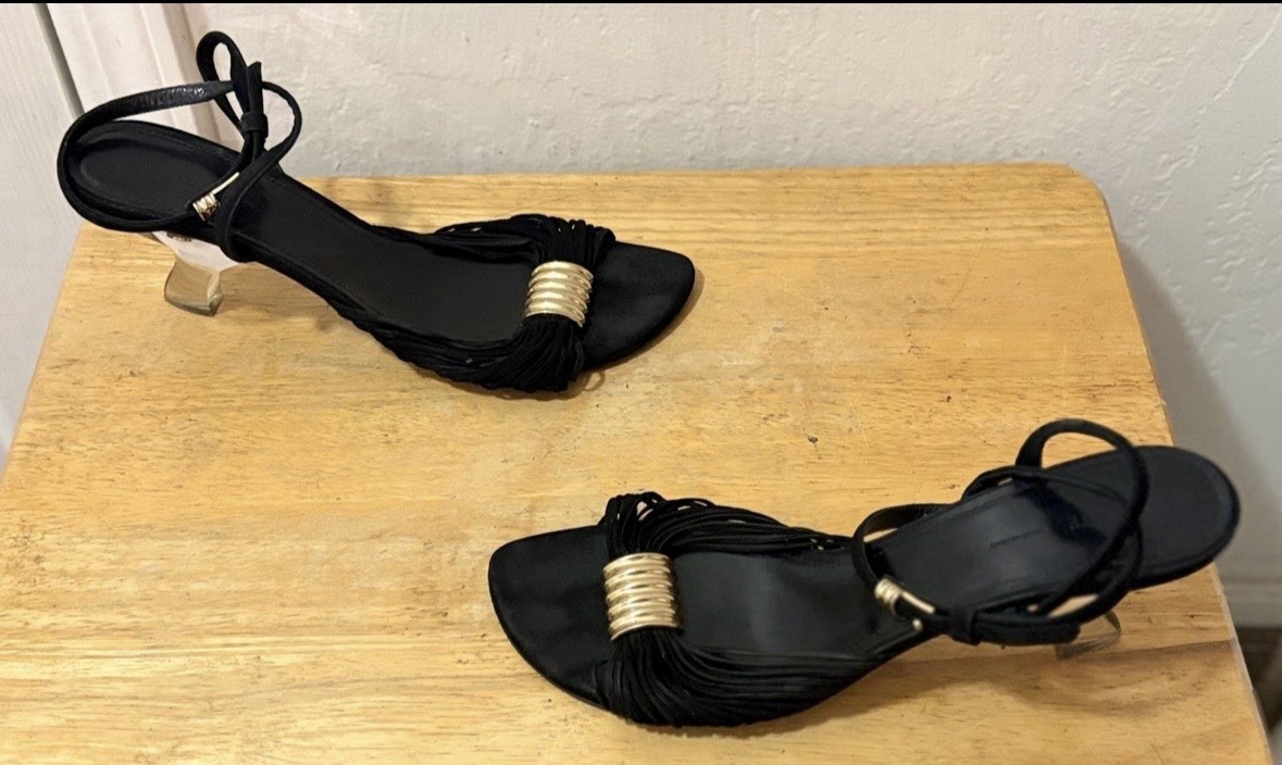 Khaite Womens Black Gold Leather Suede Strappy Heel Ankle Strap US 10.5