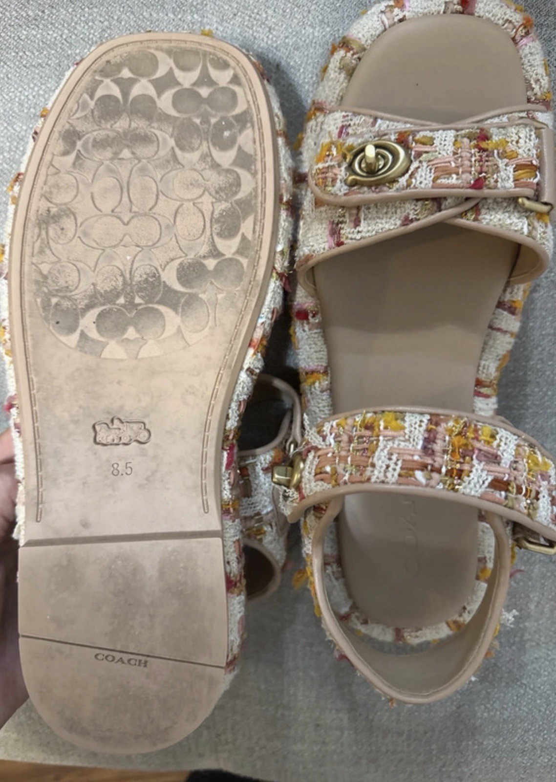 Coach Multicolor Tweed & Leather Strappy Flat Ankle Strap Sandals 8.5