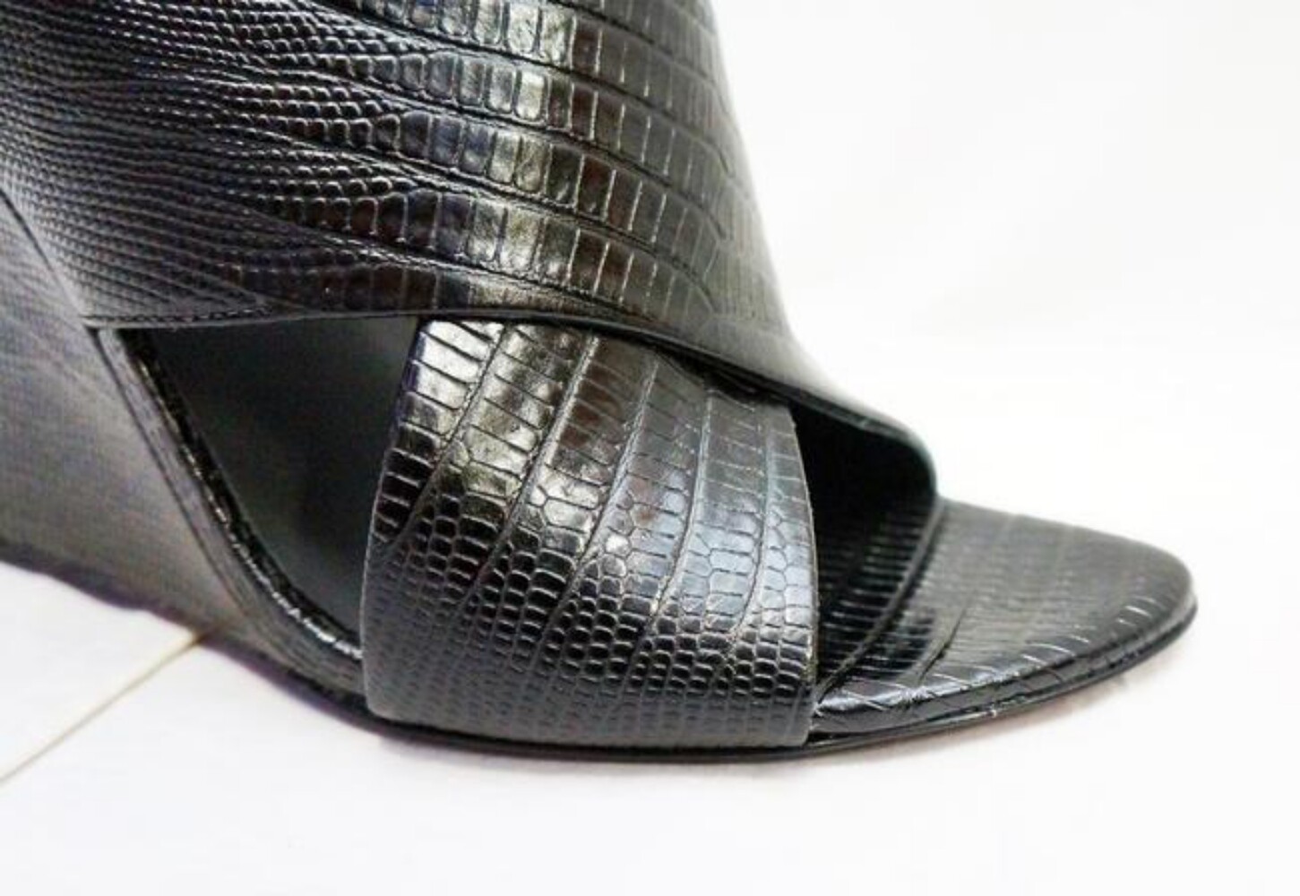 NEW ALEXANDER WANG Black IDA Wedges Lizard Leather Peep Open Toe Sandals 38 8