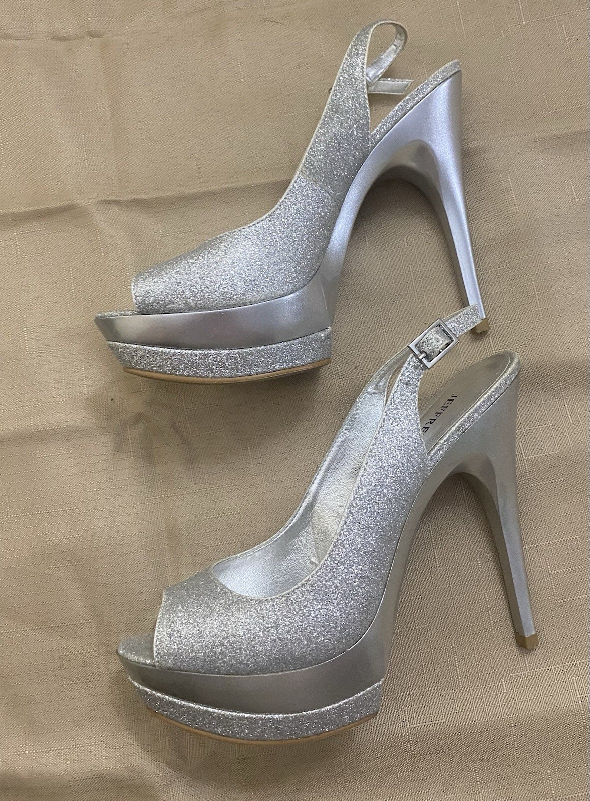 Jeffery Tyler Silver Glitter Sling Back Heels Pumps Stiletto Shoes 6M