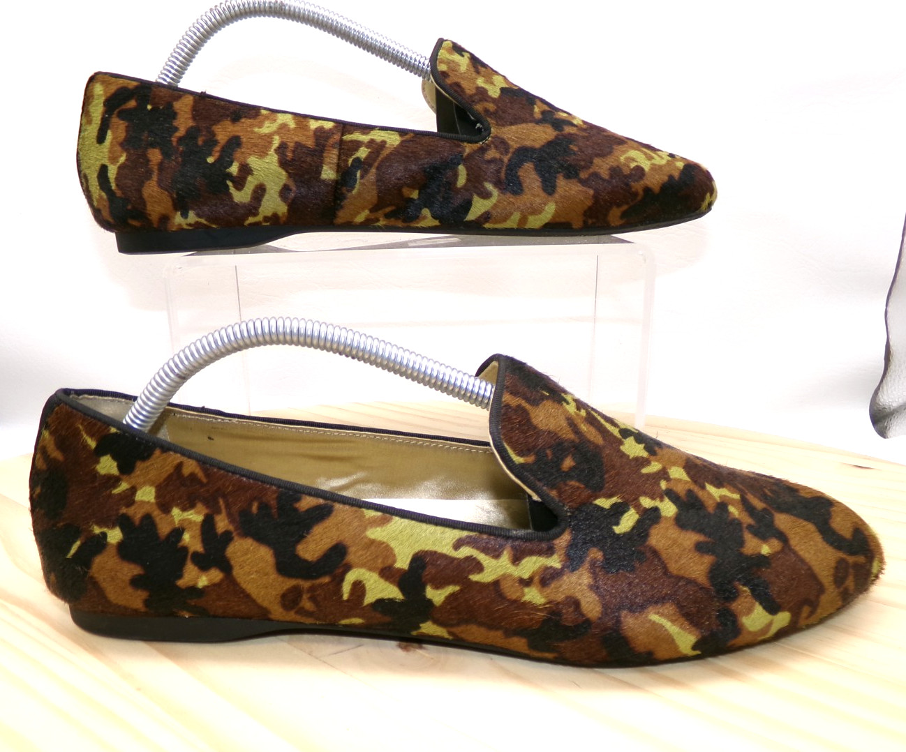 Birdies Camo Print Calf Hair Loafers Womens Green Black Brown Sz 11 Slip On Flat
