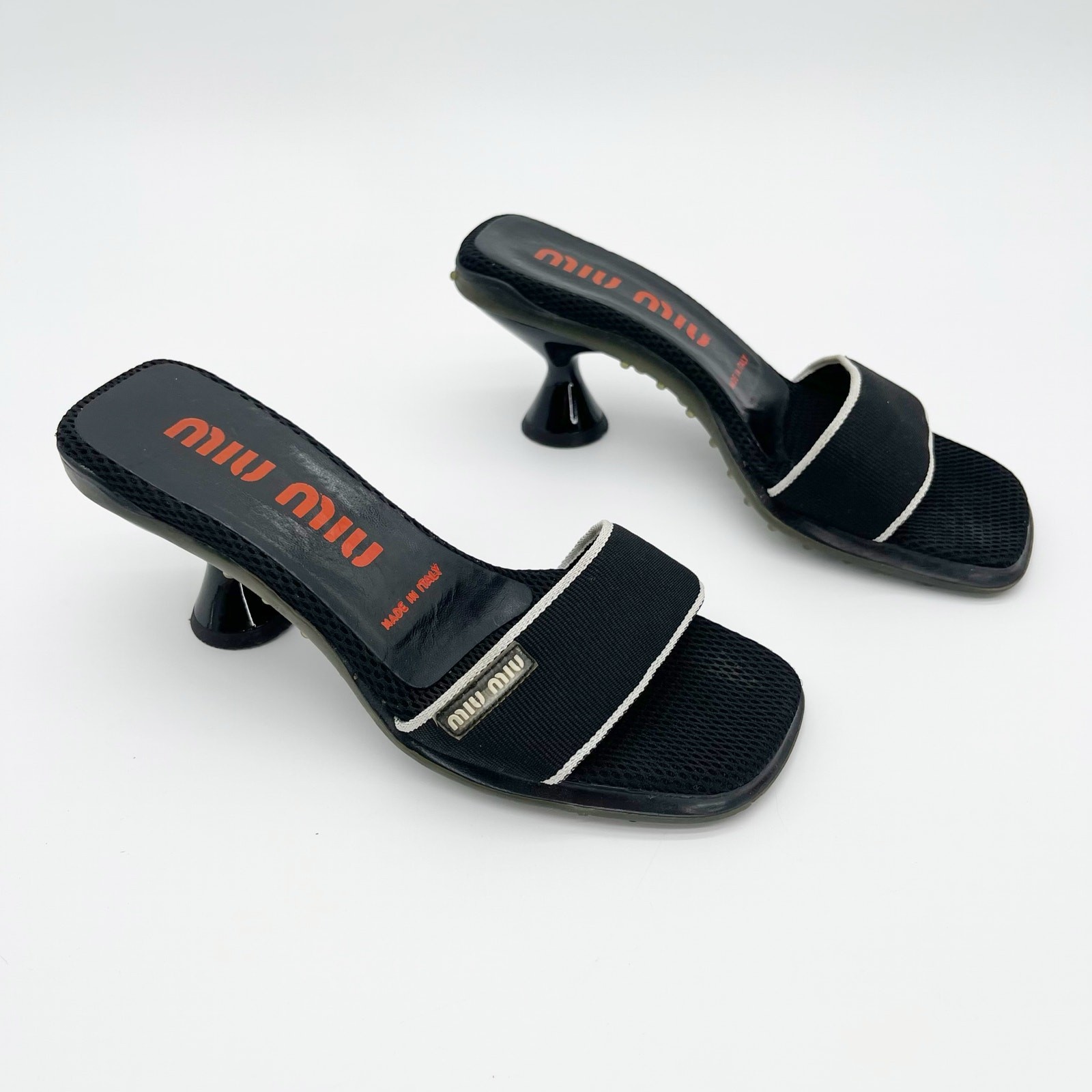 Miu Miu 90s y2k Black Mesh Logo Bubble Sole Kitten Heel Mules Slides IT 36.5