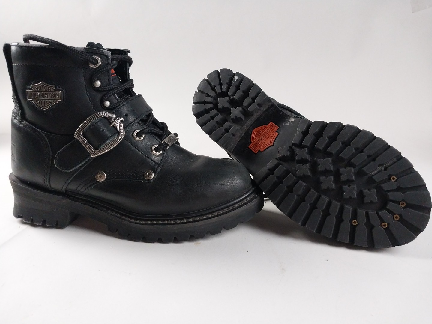 Women’s U.S. Size 6 Harley Davidson Black Leather Boots Buckle Logo Trashed Tops