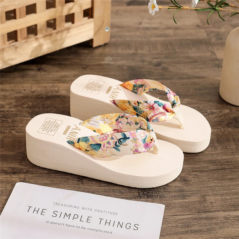 Women Summer Wedges Slipper Bohemian Satin Ribbon Female Flip Flop Ladies Beach