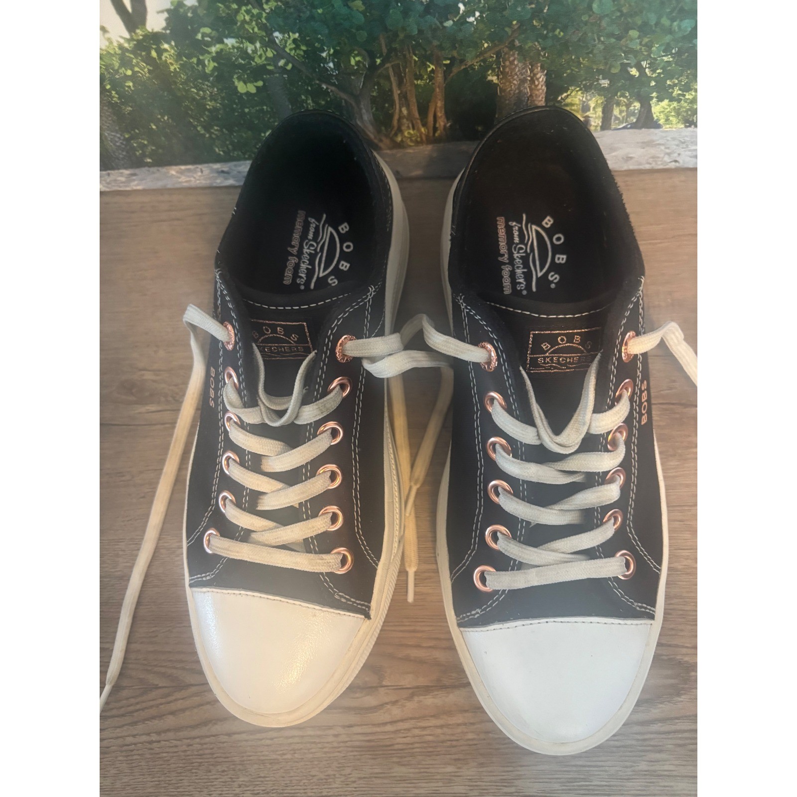 Skechers BOBS B Cute Black Platform Sneakers Rose Gold Eyelets Memory Foam