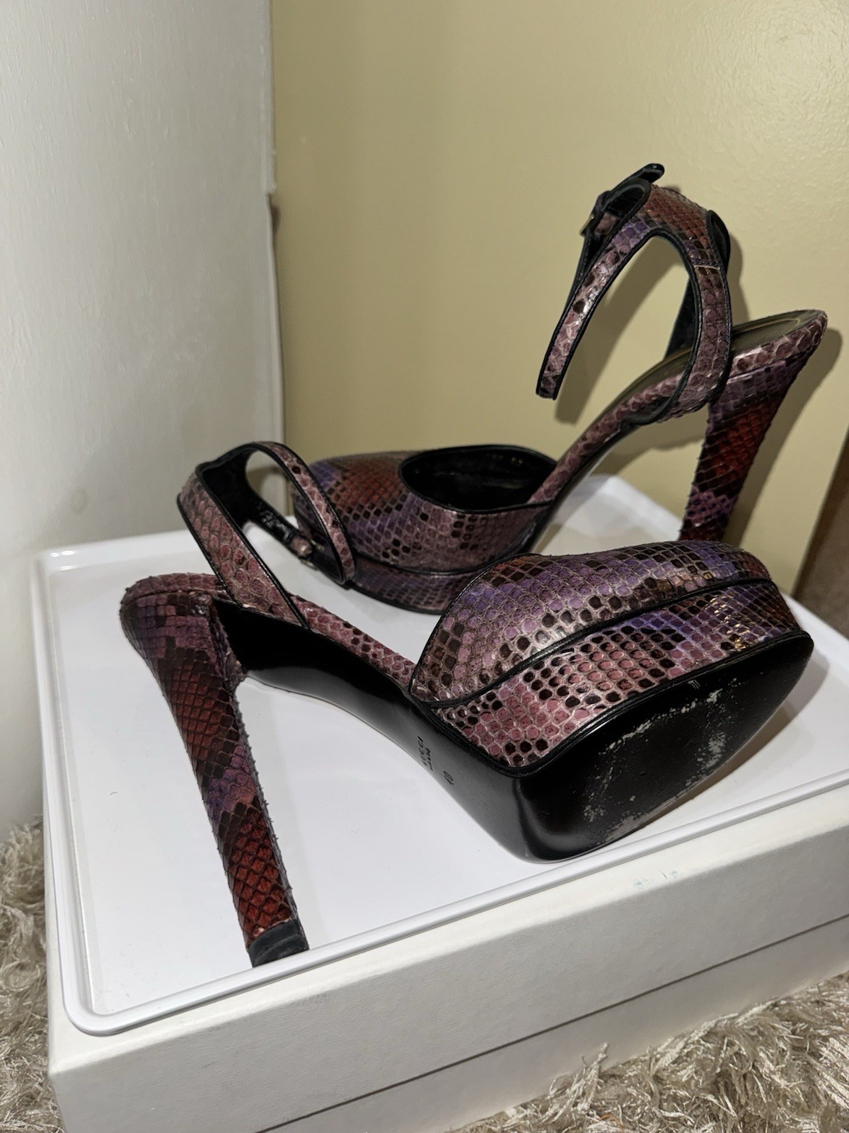 Gucci Python Leather Platform Ankle Strap Closed Toe Heel US 10