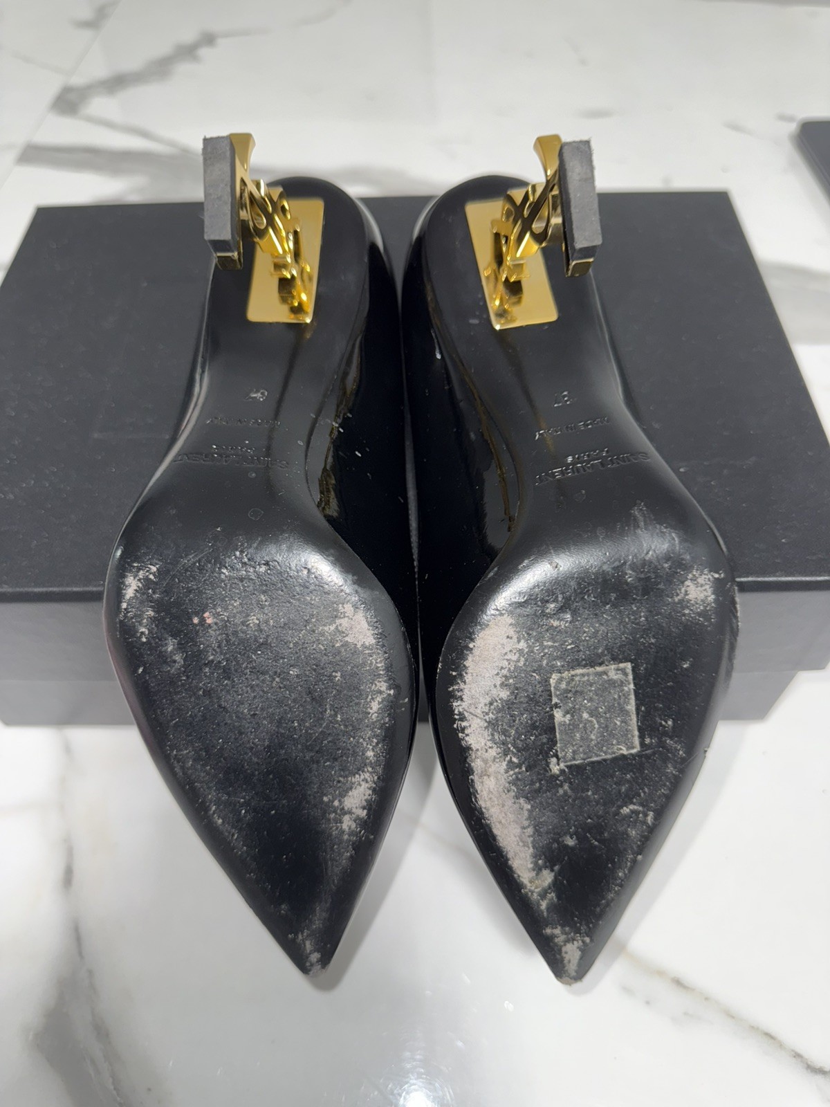 Saint Laurent Opyum 8.5cm Heel Pumps Black Leather Gold YSL Heel Size 7