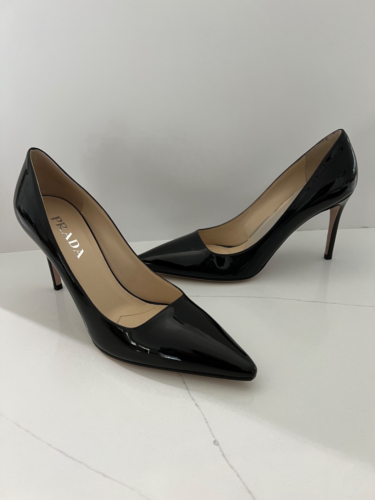 Prada Black Patent Leather Pointed Toe Classic Elegant Designer Pumps Heels Shoe