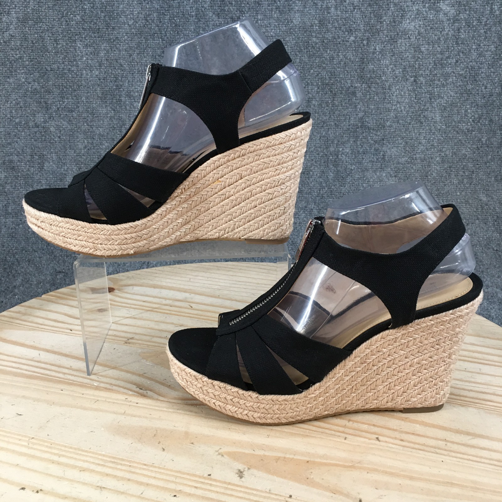 Michael Kors Sandals Womens 9.5 M Black Espadrille Front Zip Wedge Platform Heel
