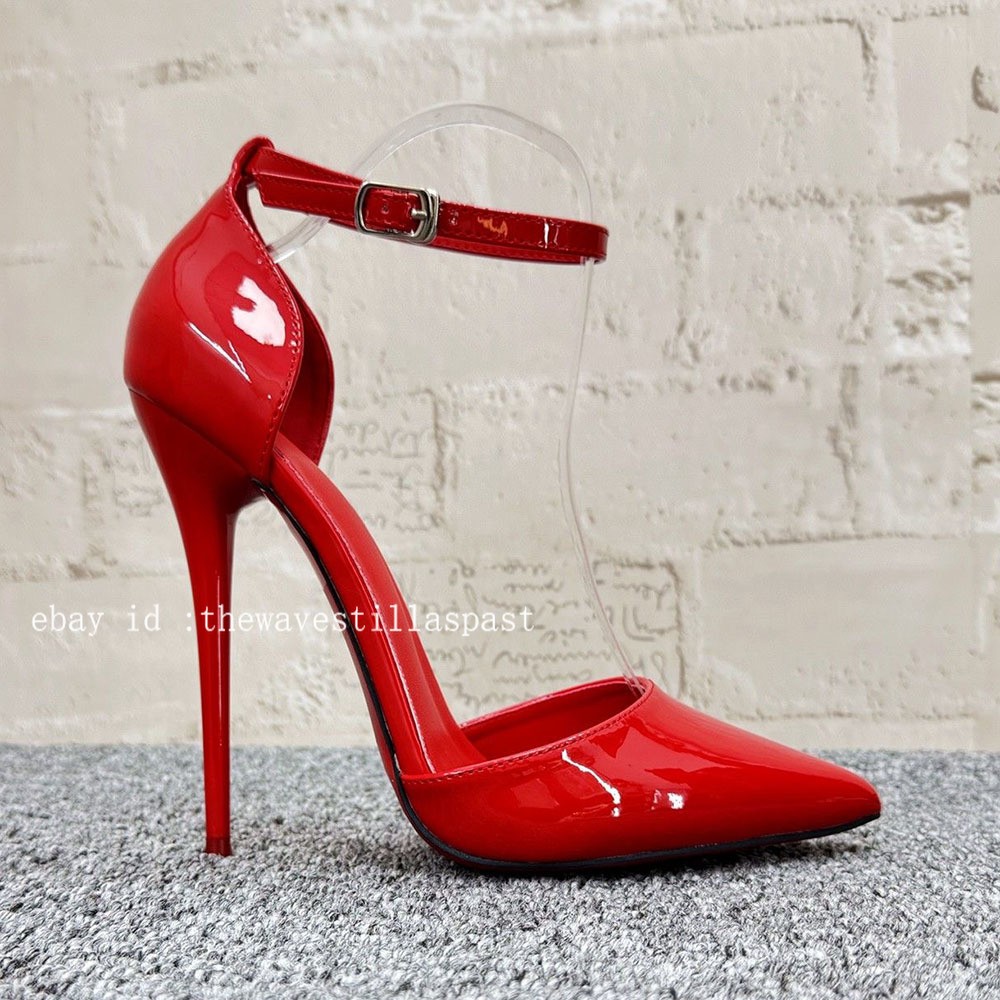 14/16CM Extreme High Heels Pumps Black Matte Pointed Toe Ankle Strap Stilettos