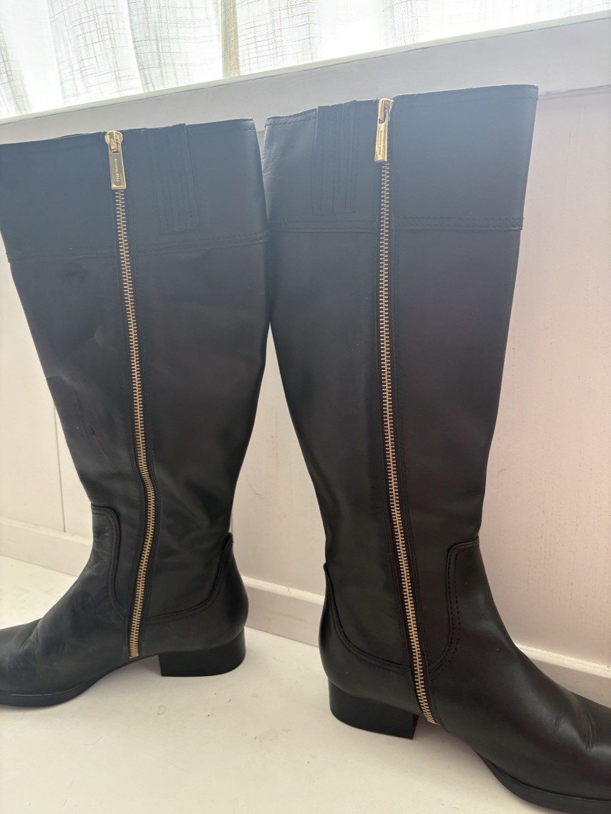 MICHAEL KORS Black Leather Gold Logo Side Zipper Tall Boots Size 7