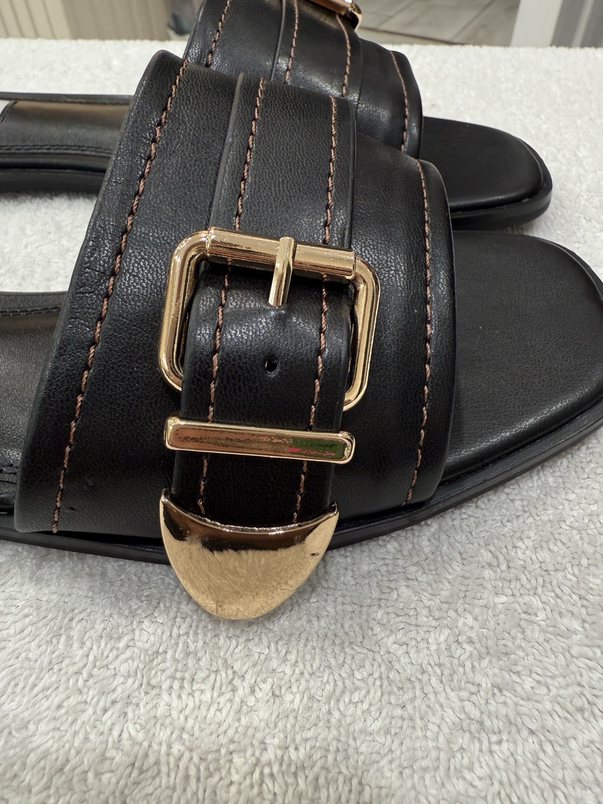 Steven New York Black Slide Sandals Gold Buckle Adjustable Women’s US Size 9