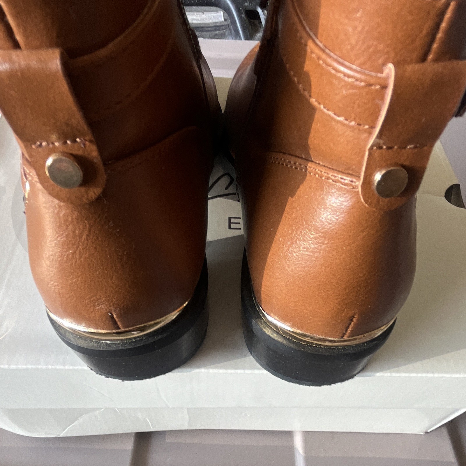Comfort Women’s Brown Faux Leather Ankle Booties Side Zip Buckle Strap 8