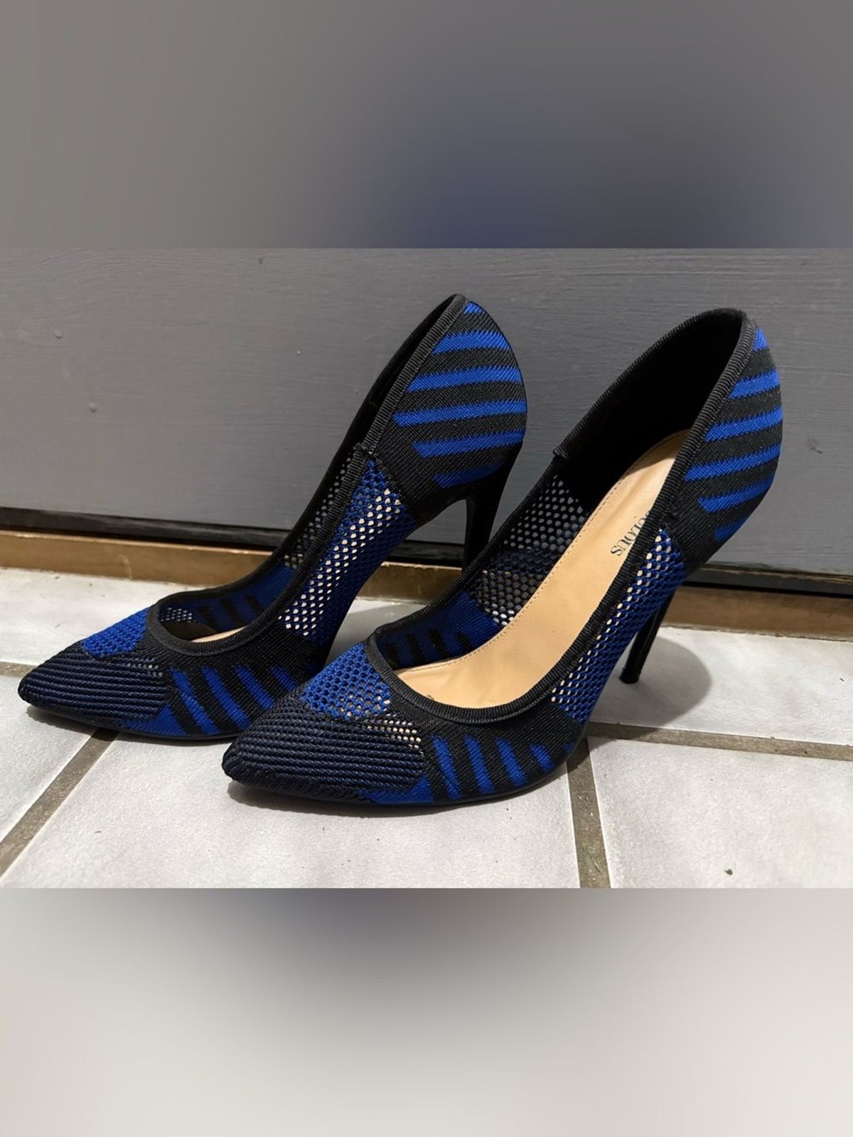 Just Fab “Milly” RoyalBlue Black Striped Mesh Pointed-Toe 5”Stiletto Pumps (9.5)