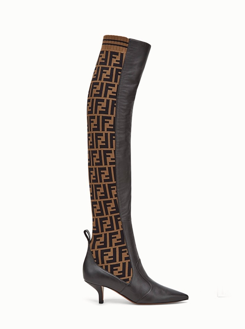 Fendi Rockoko Brown FF Logo Stretch Knit Sock Thigh High Heel Pump Boot 38 US 8
