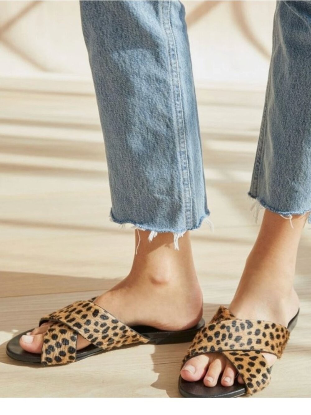 Jenni Kayne Pony Hair Cheetah Print Crossover Slides Sandals SZ 38/8