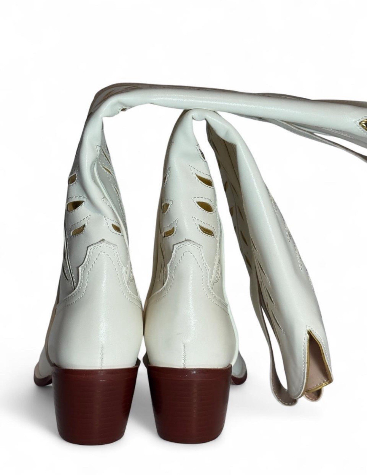 Women’s White Cutout Western Cowboy Boots Mid Calf Block Heel Pull On Size 38