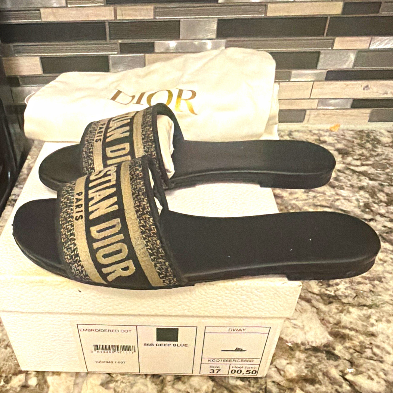 Dior Women’s Logo Cotton Slide Sandals Black/Blue EU 37 US 6.5
