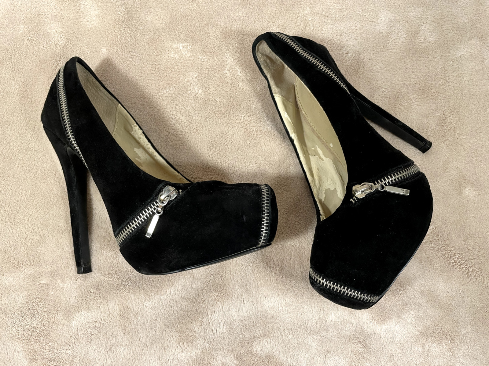 COLIN STUART STILETTOS, Black Suede Zipper Platform 5.5″ Heels Size 7.5 B