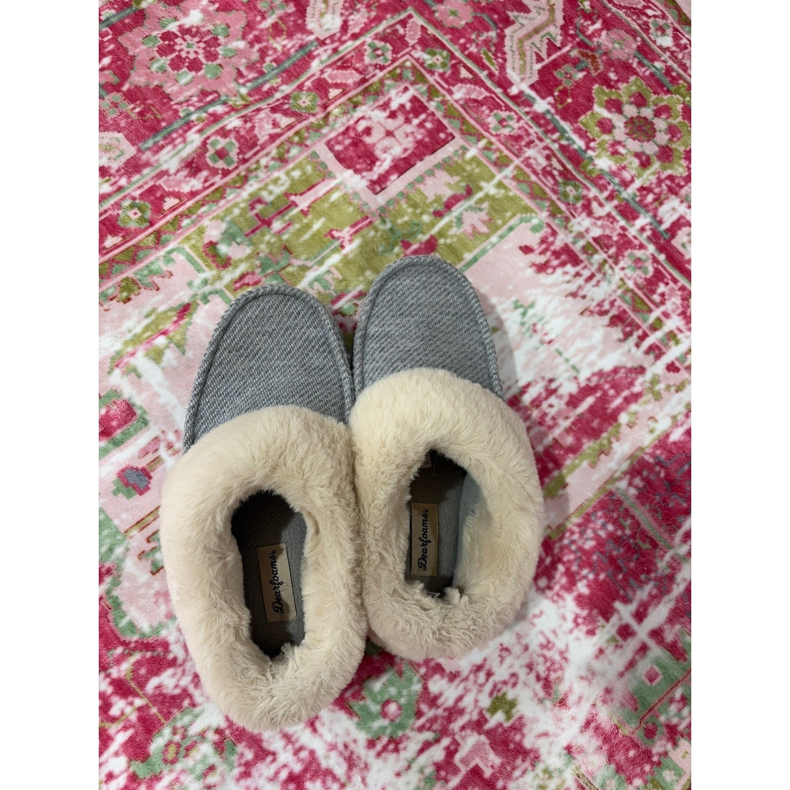 Dearfoams Womens Grey Faux Fur Trim Clog Slippers Size M 7-8 Indoor Outdoor Sole