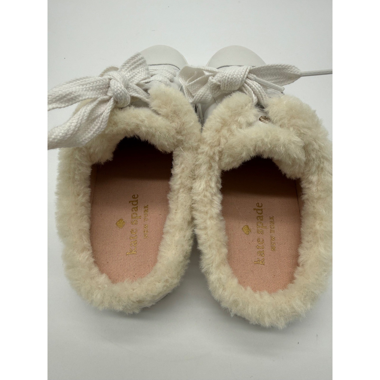 Kate Spade Fez Mule Winter Lace Up Sneaker White Leather Faux Fur Trim 7.5B