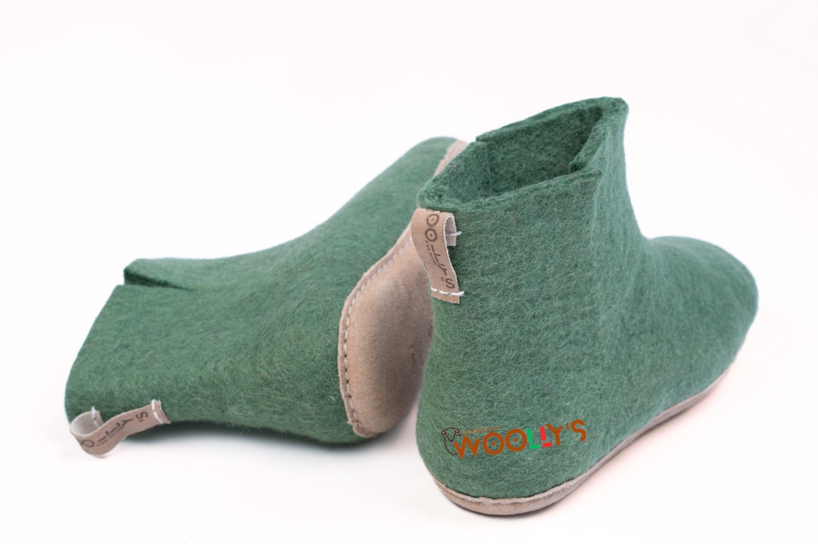 Woollyes Green Felted Boots –Handmade with Leather Sole, Perfect for Indoor Wear