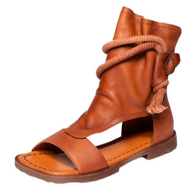 Women’s 100% Real Leather Retro Gladiator Soft Roman Sandals Ankle Boots Shoes