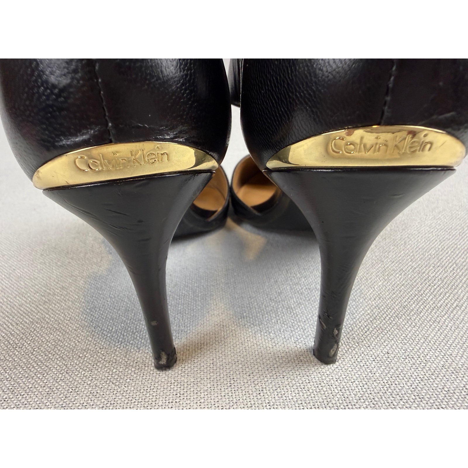 Calvin Klein Women Black Leather Asymmetrical D’Orsay Pointed Toe Stiletto Heels