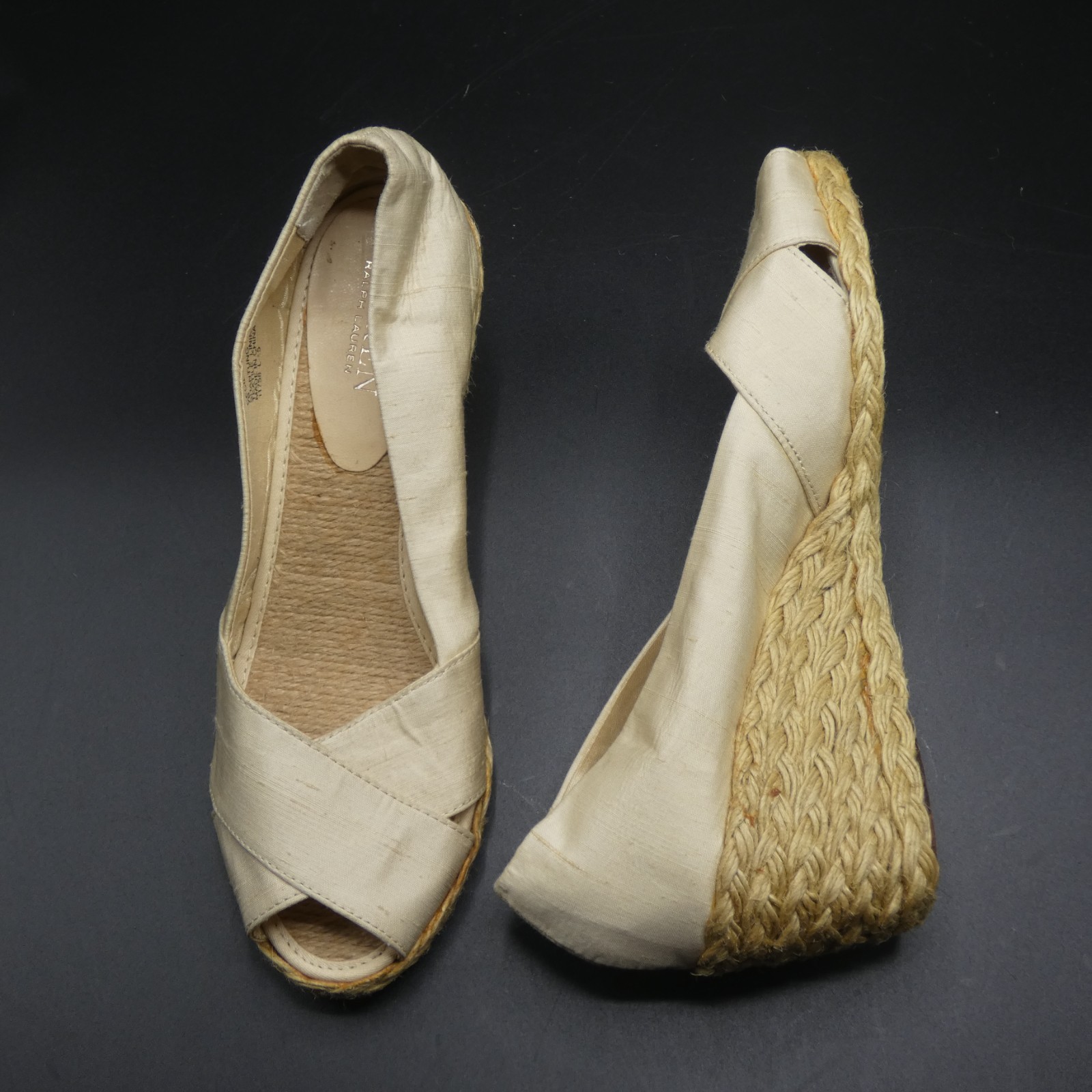 Lauren Ralph Lauren Cecilia Tan Beige Shantung Peep Toe Espadrille Wedge Size 7