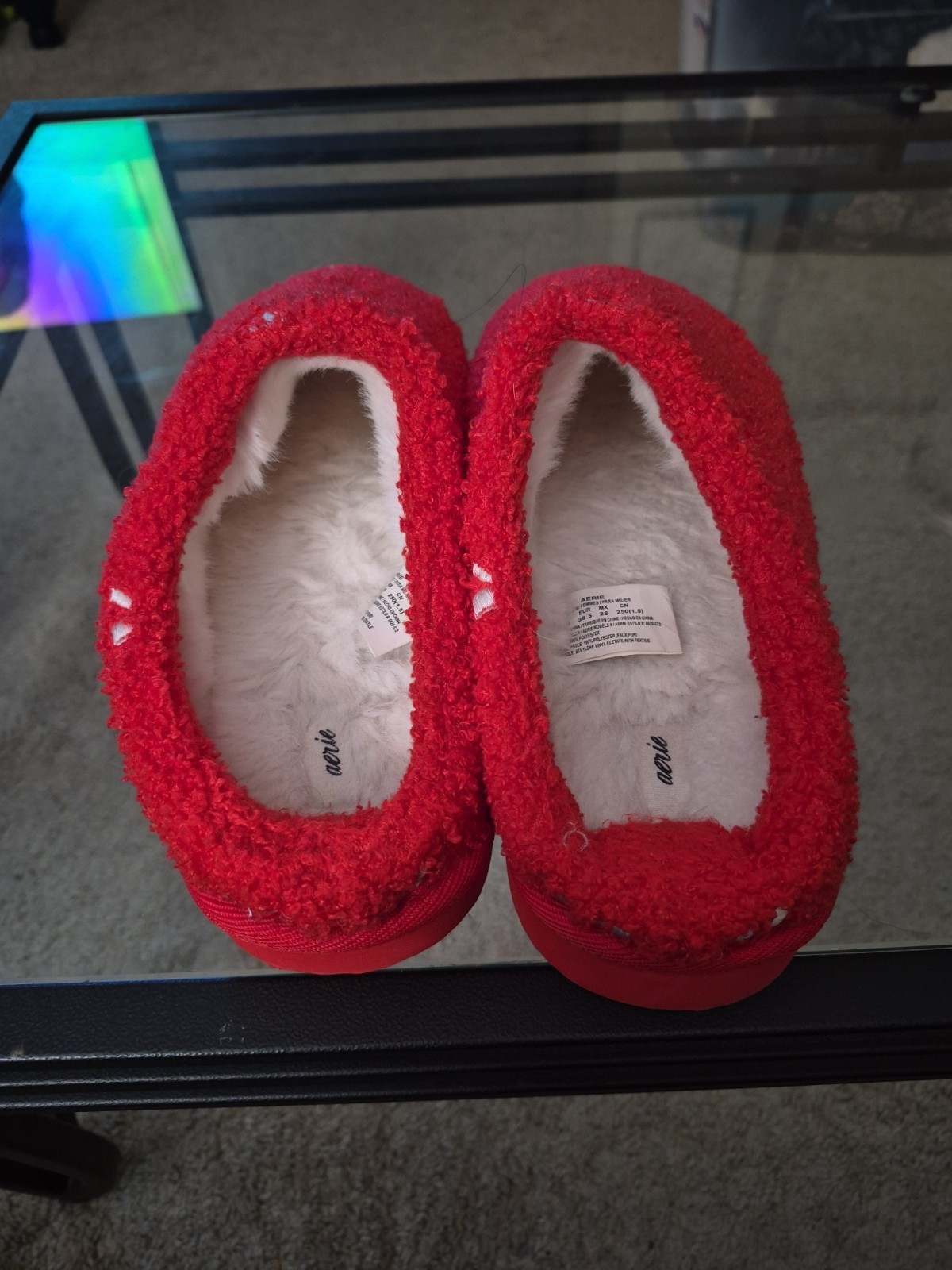 Aerie Cozy Red & White Bow Design Soft Sherpa Scuff Slippers Shoes Size 8 EX!