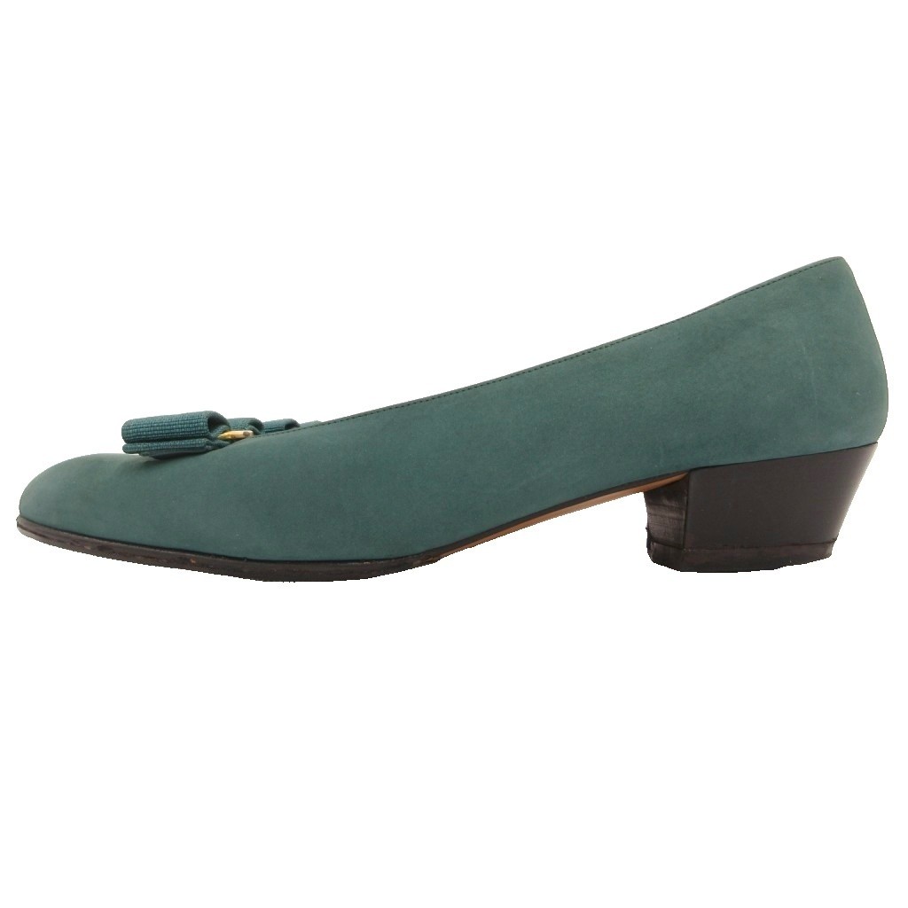 Salvatore Ferragamo Grosgrain Ribbon Pumps Suede Moss Green Women’s Size US 8