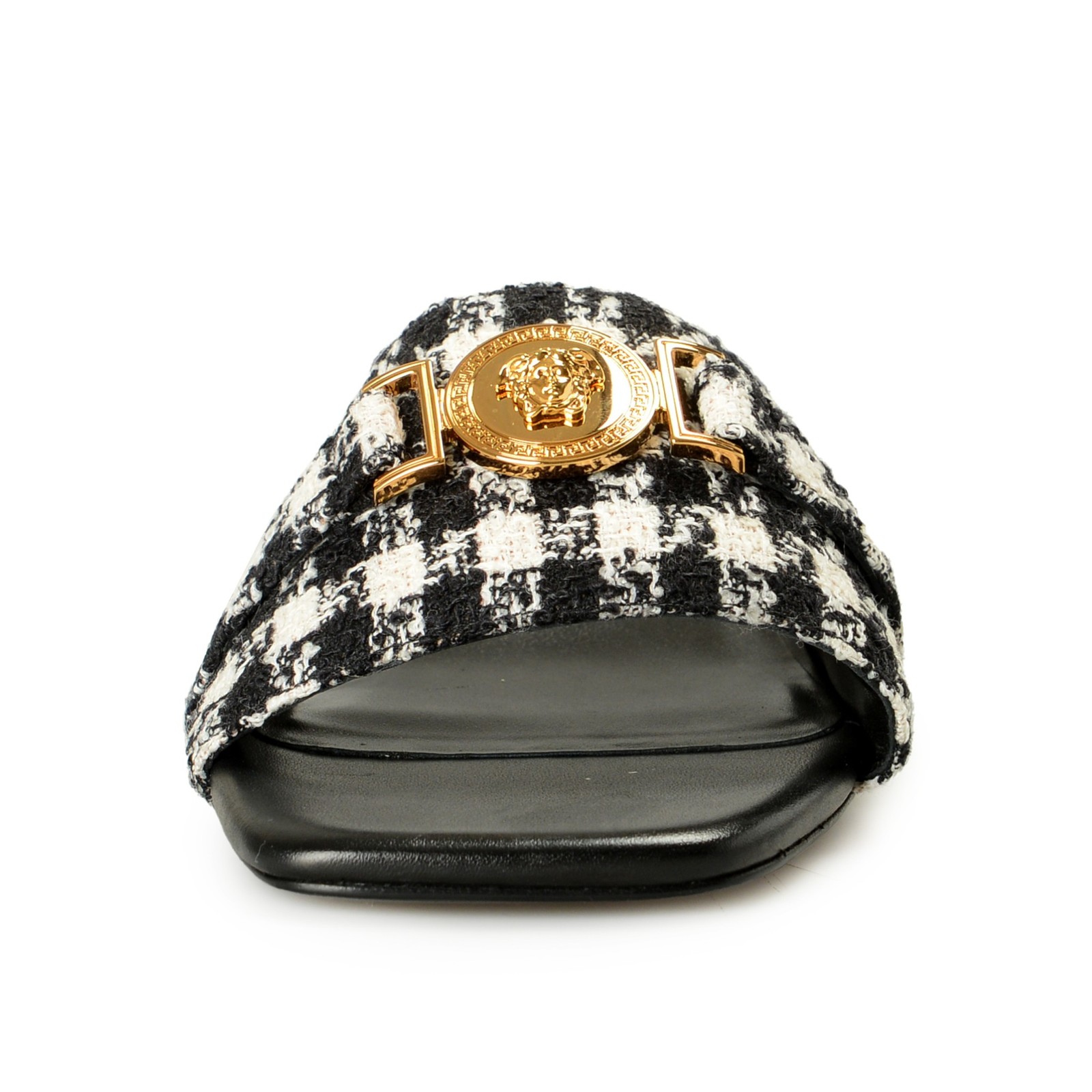 Versace Women’s Check Gold Medusa Heeled Sandals Mules Shoes US 6 IT 36