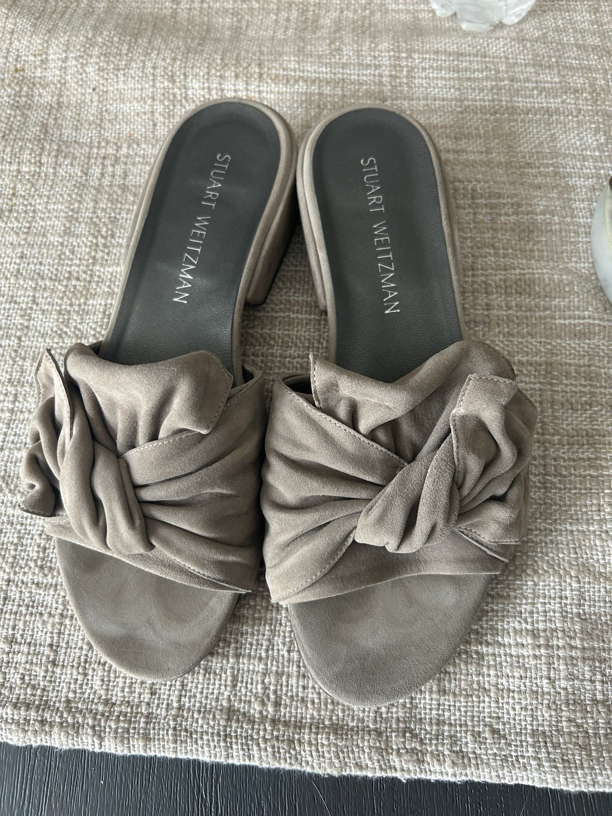 Stuart Weitzman Giftwrap Suede Bow Slides Fossil
