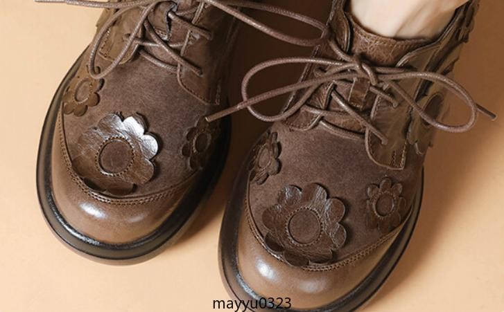 Womens Floral Lace Up Leather Mid Chunky Heel Round Toe Platform Casual Shoes