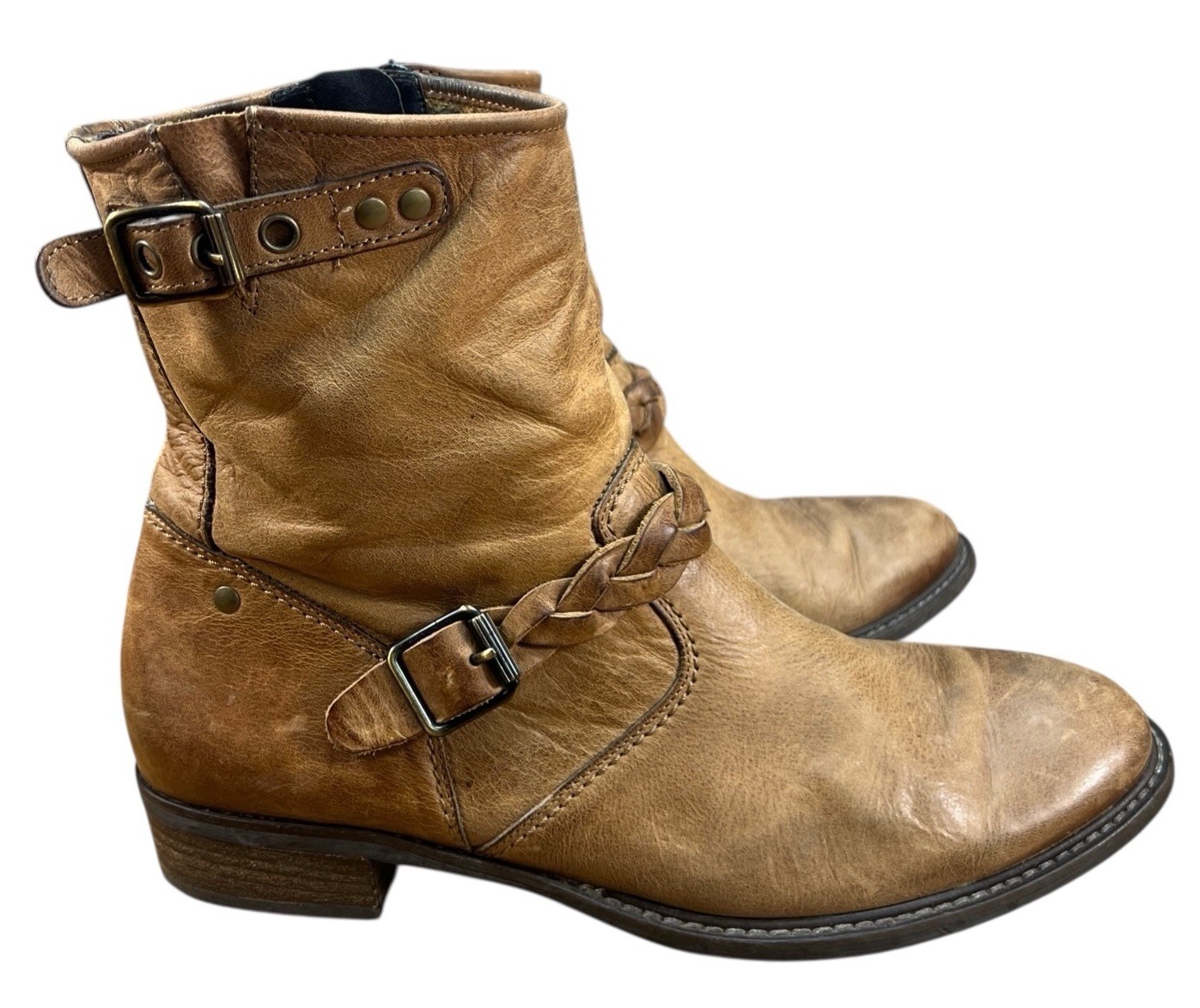 Paul Green Nathan Brown Moto Biker Braided Zip Up Boots Size 7.5 UK 5.5 Leather
