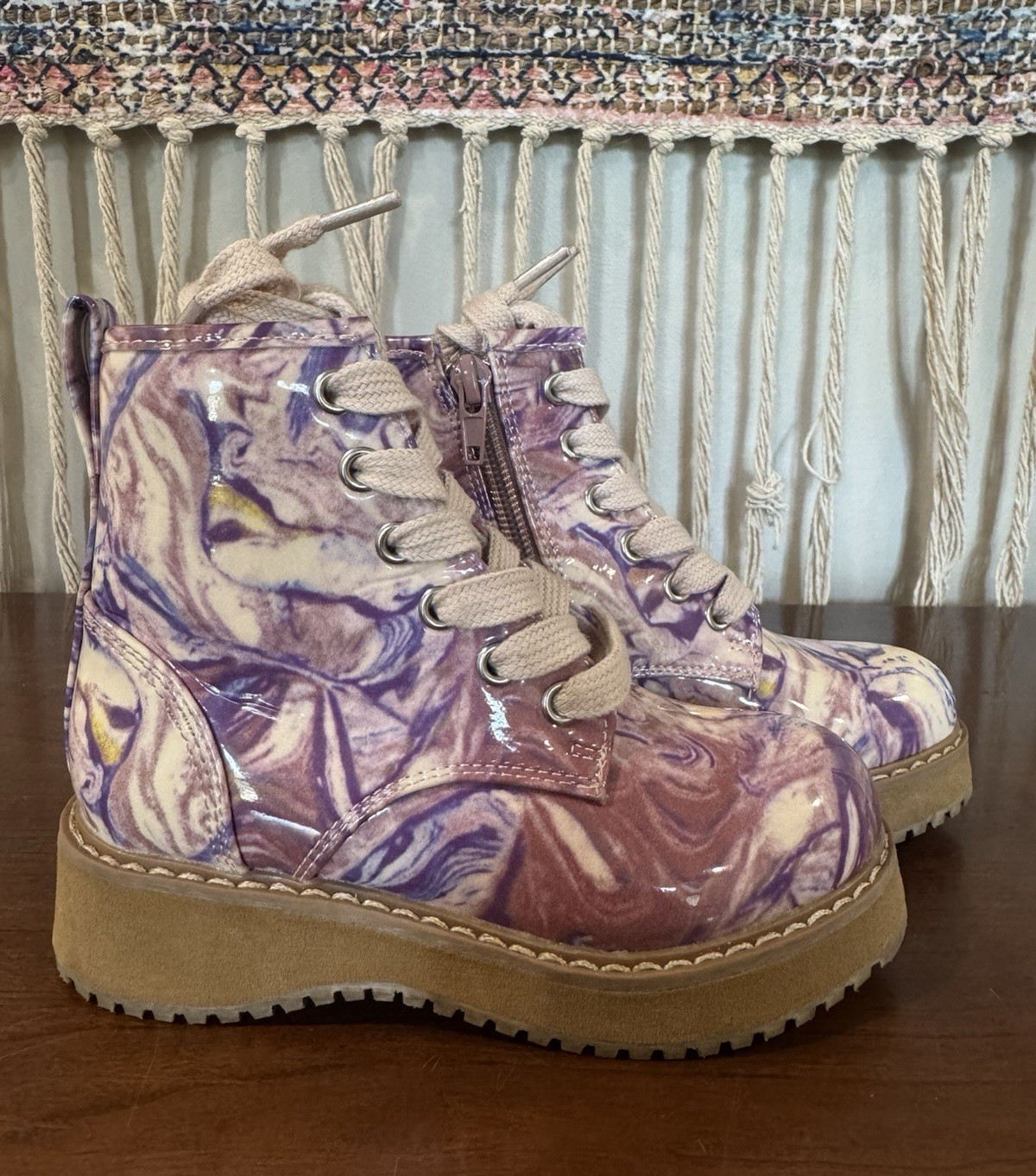 Steve Madden Tolowa Girl’s US 9 Purple/Beige Marble Ankle Combat Boot Lace+Zip