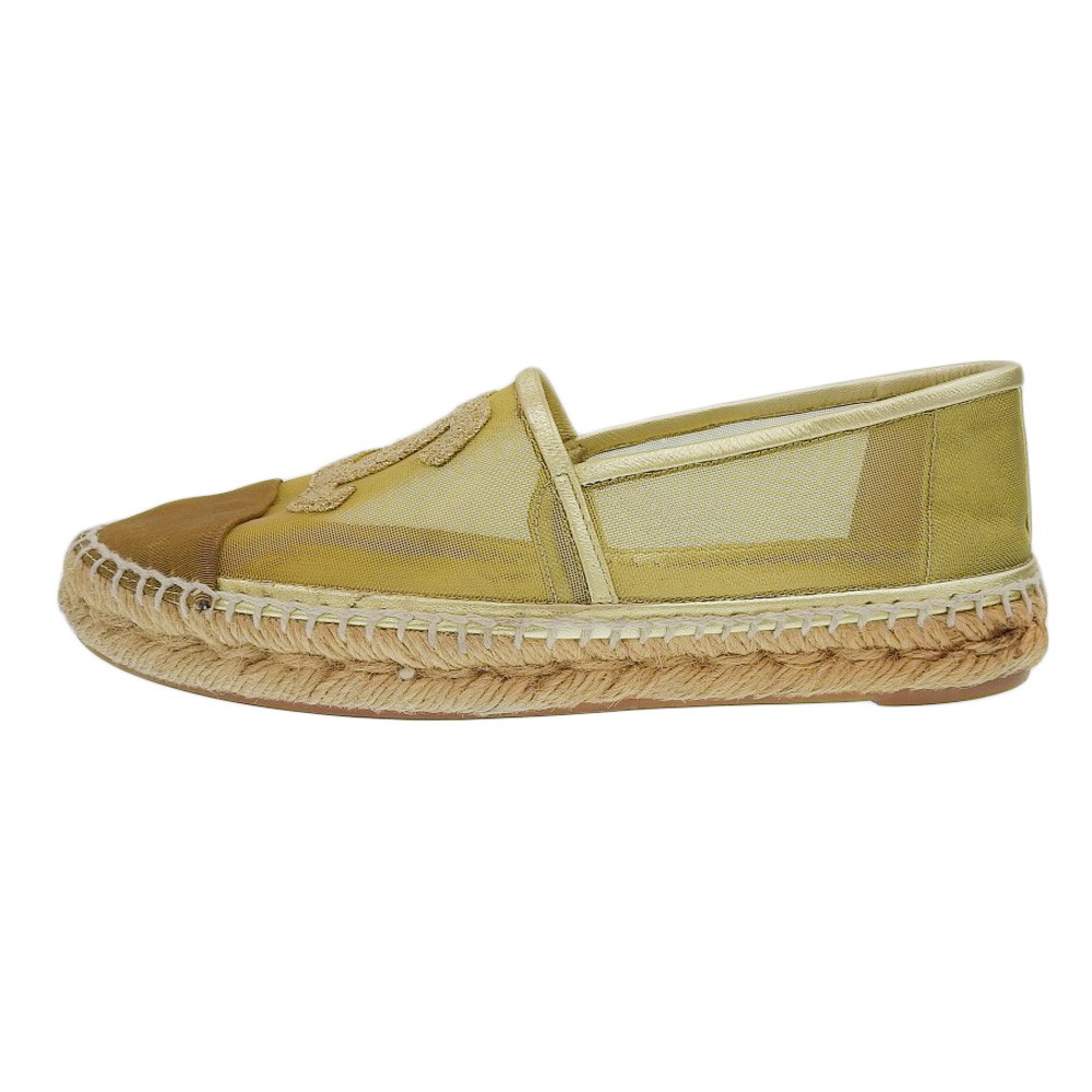 CHANEL COCO Mark Mesh Espadrille Sandals Shoes 8.5″» Gold Women USED