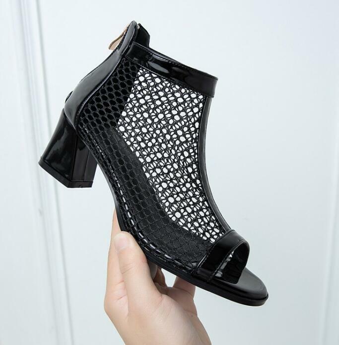 Women’s White Mesh Ankle Boots Peep Toe Block Heel Summer Breathable Sandals