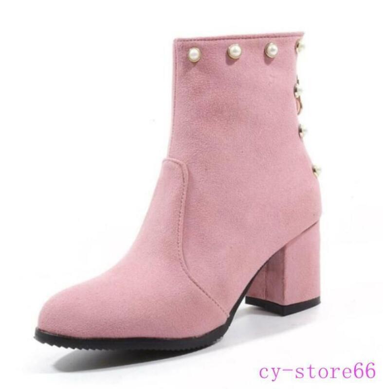 Womens Pearls Zipper Ankle Boots High Chunky Heel Casual Suede Shoes Clubwear