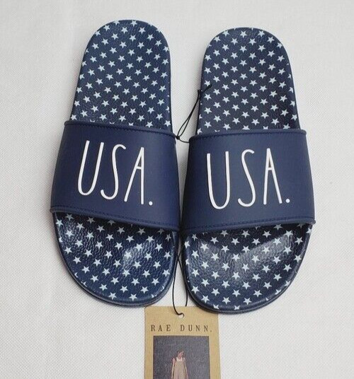 Rae Dunn USA Slides Women Slip-on Flat Sandals Navy Blue Stars Size 6, 8, 9, 10