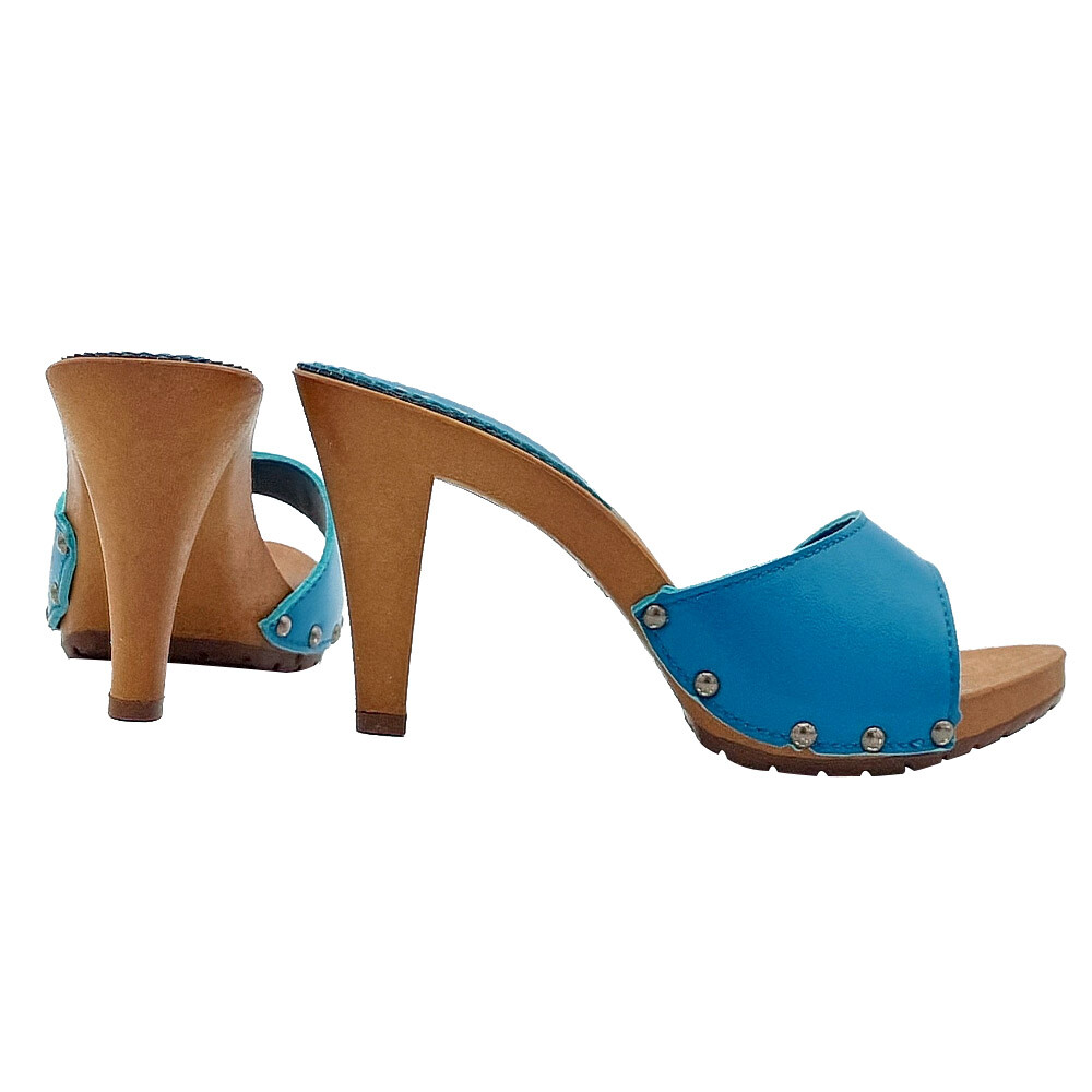 Royal Blue Leather Clogs With 9 Heel – Made In Italy – K639001 ROYAL BLUE