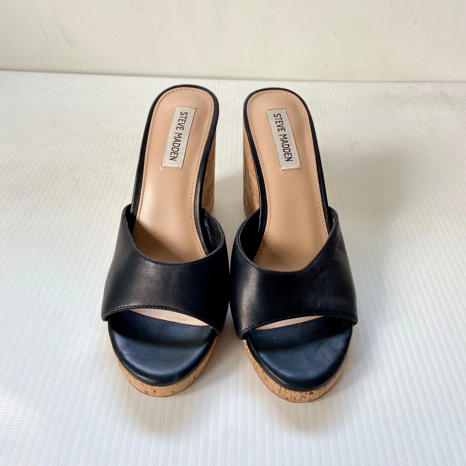Steve Madden Marvelous Black Leather Cork Wedge Heel Slide Sandals Womens 9M