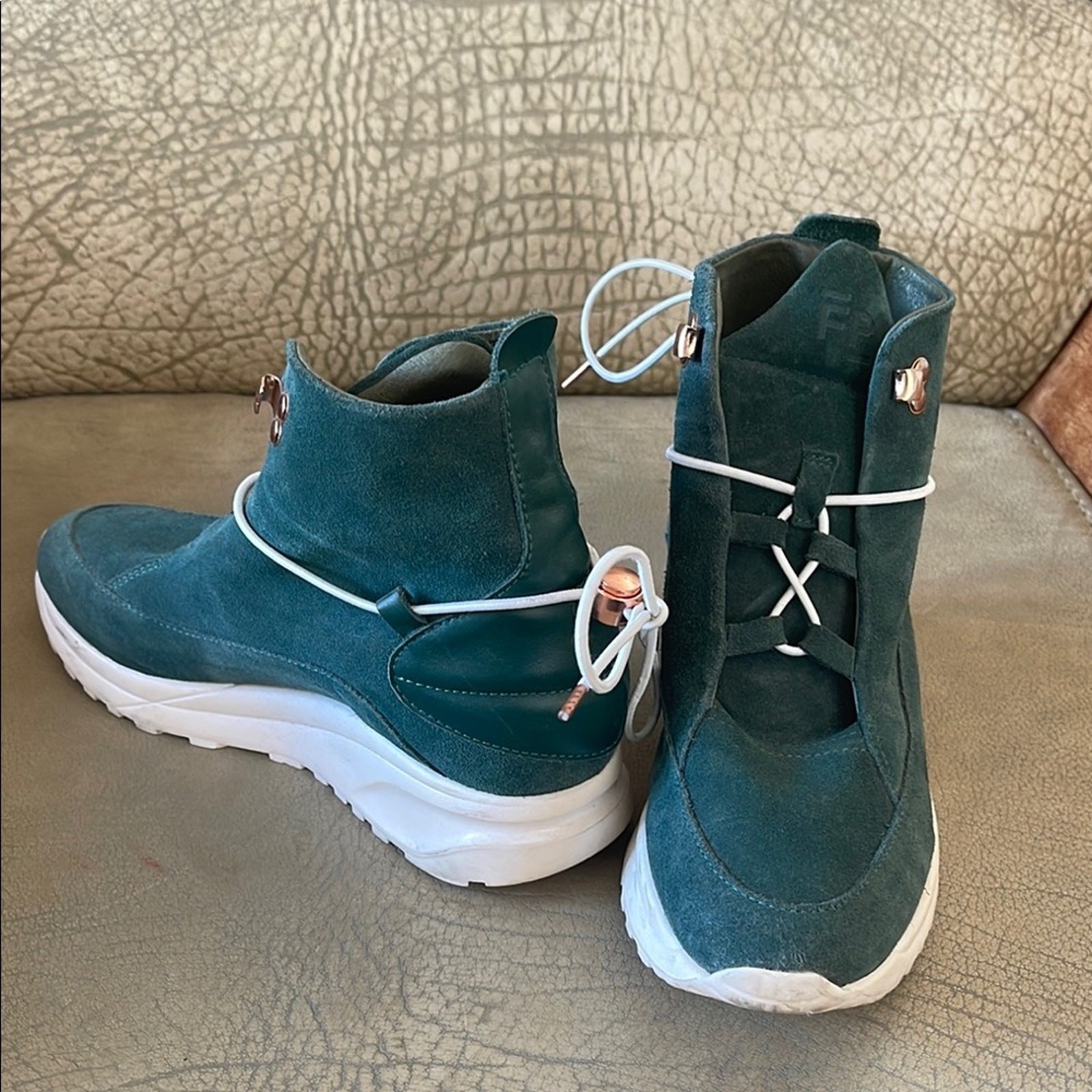 Filling Pieces Teal Hand Crafted Modern High-Top Women Leather Sneakers Size 38