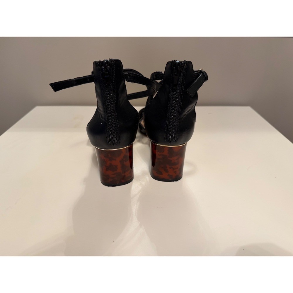 Aldo Black Pointed Toe Crisscross Ankle Strap Tortoise Gold Block Heel Pumps