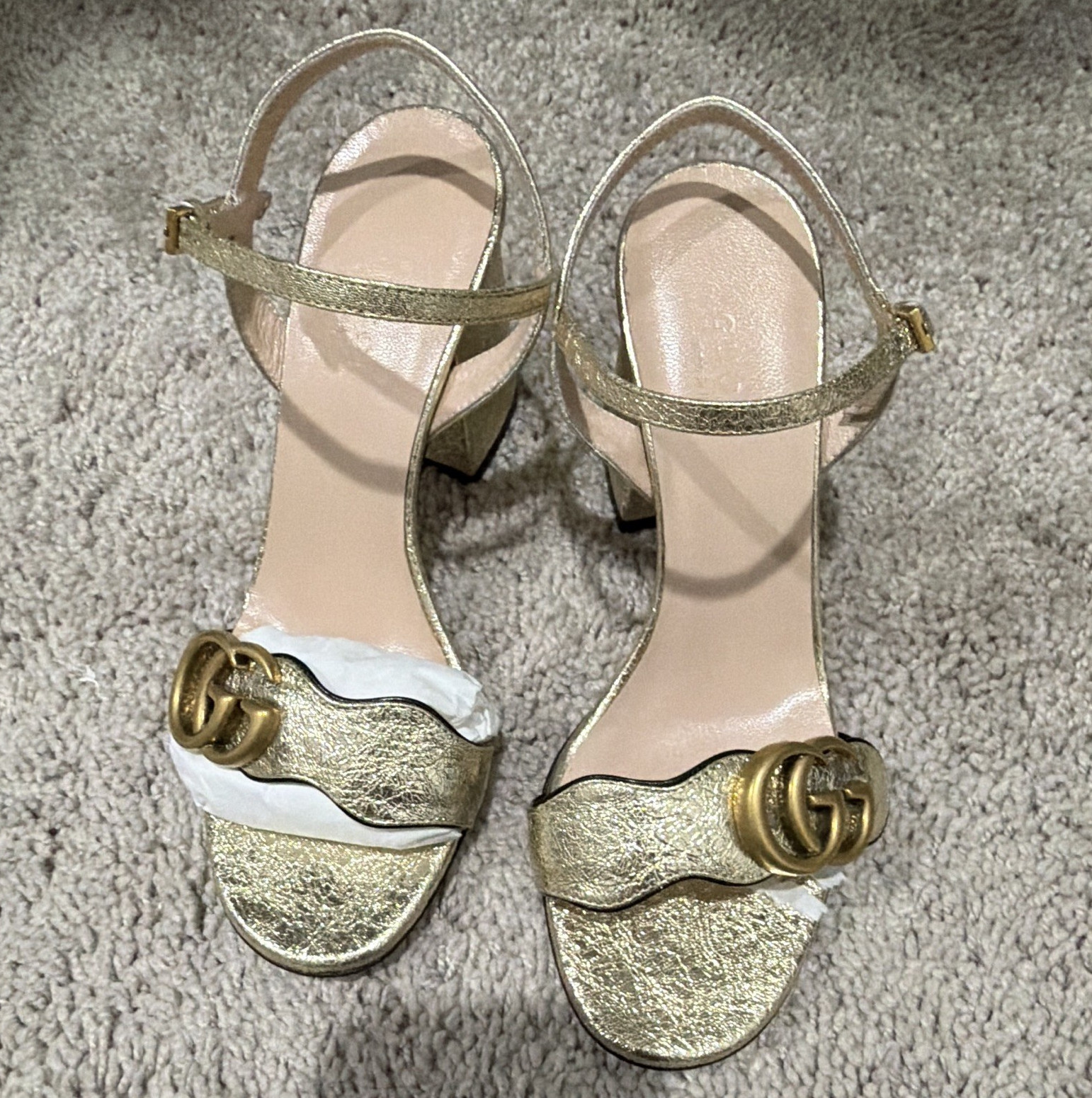 Gucci Women’s Gold Leather GG Logo Ankle Strap Open Toe Block Heel 5 M