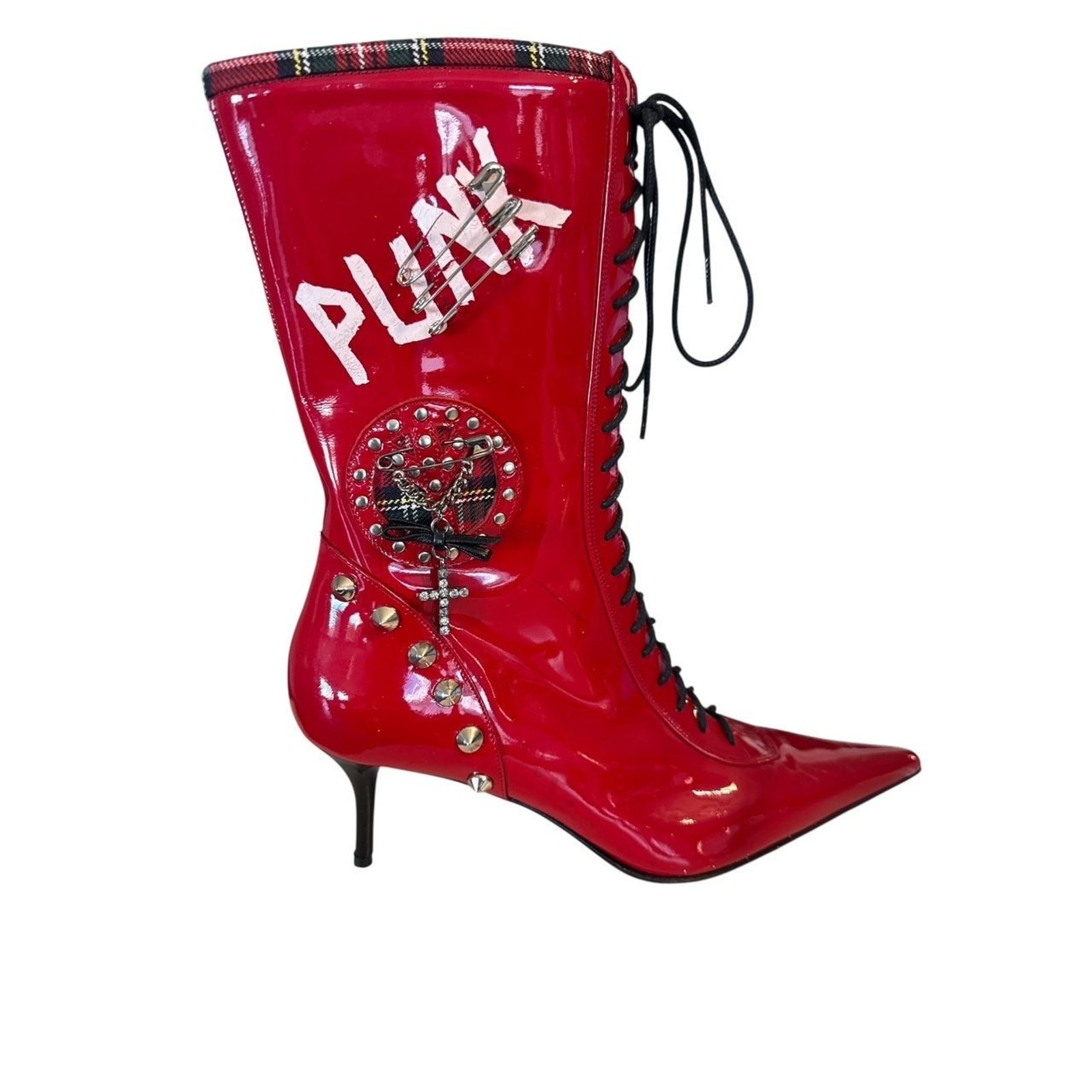 Le Silla RED PATENT LEATHER STUDDED LACE UP PUNK BOOTS SZ 5 (35)