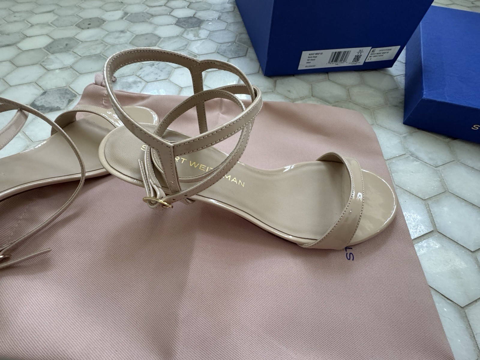 Stuart Weitzman Beige Patent Leather Strappy Ankle Strap Block Heel 8B